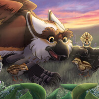 A gryphon playing with baby quail with an early morning sunrise, spring setting, purple flowers in foreground.