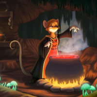 anthropomorphic mouse brewing a potion in a dark lair