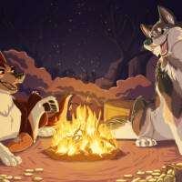Two cartoon dogs sitting by a campfire with a desert night setting. Bags of gold, boxes full of loot and food are sitting around them framing the scene.