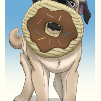 Pug holding a large plush donut