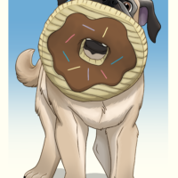 Pug holding a large plush donut
